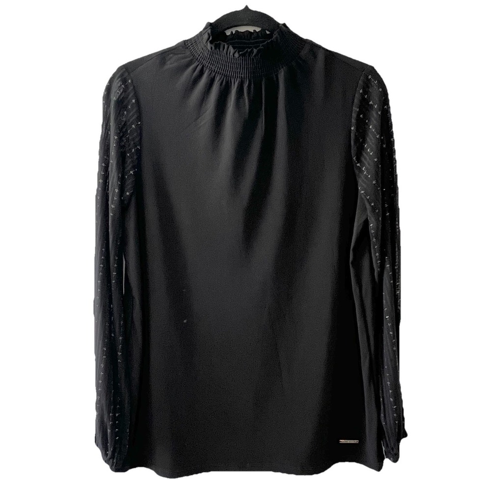 Anne Klein Black Blouse Sheer Metallic Sleeves Ruffle Neck Whimsigoth Goth M